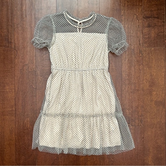 Poppies and Roses Velvet Polka Dot on Beige Netting Kids Dress, Size Large - Picture 1 of 14